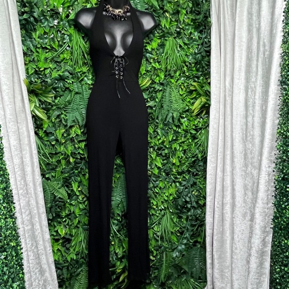 Superdown Jumpsuit Small Black Dela Ribbed Lace Up Halter 3301 - Picture 3 of 10